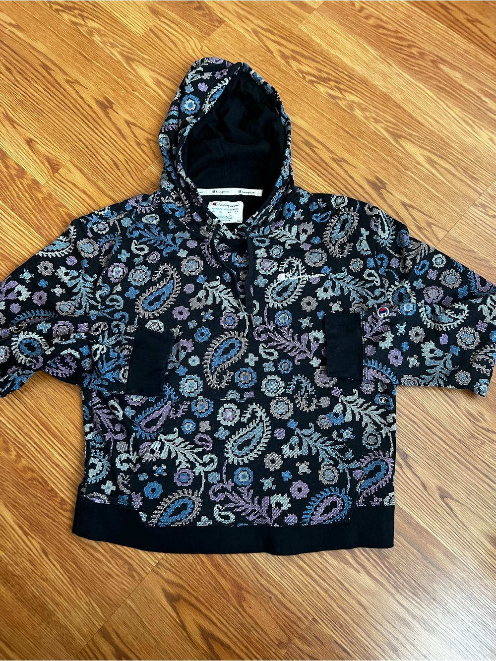 Champion Black Paisley Hoodie Pullover Long Sleeve Cotton Blend Top size large
